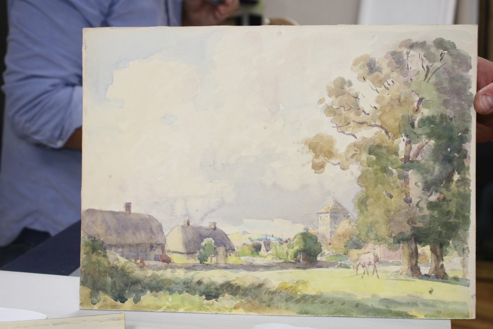 Brook A.W.Harrison (1860-1930) six watercolours, Sheep shearing Little Buckingham and other scenes local to Shoreham by Sea